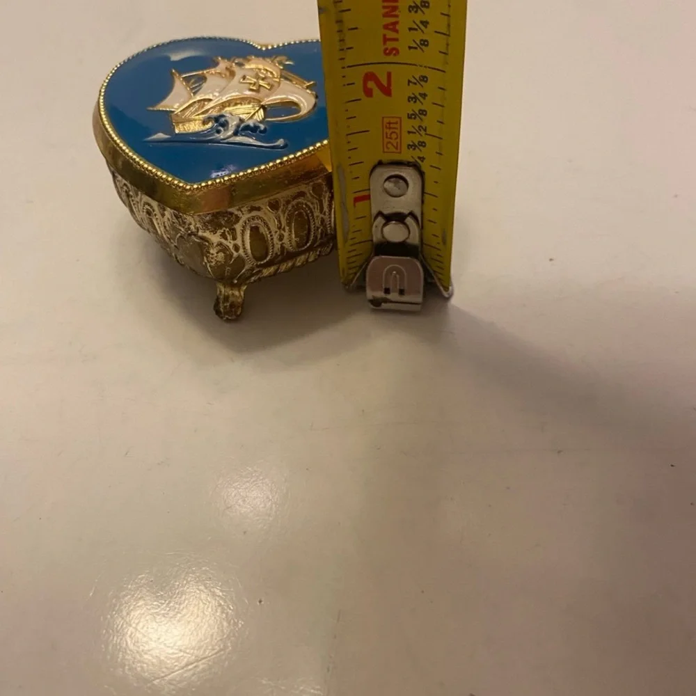 Sailing Ship Heart shape Trinket Box  Blue and Silver with Red Lining Vintage